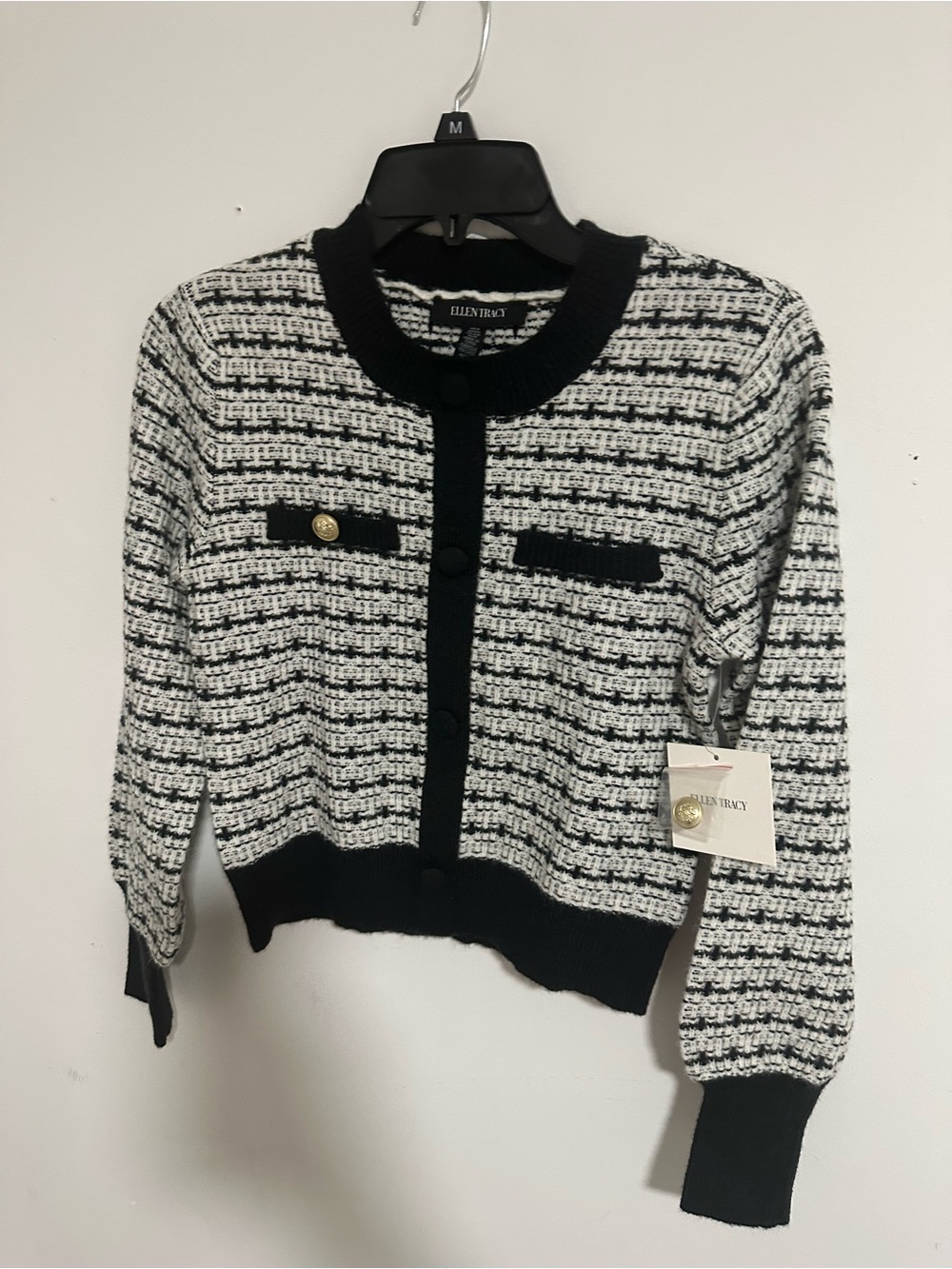 Ellen Tracy Black & White Tweed Cropped Cardigan